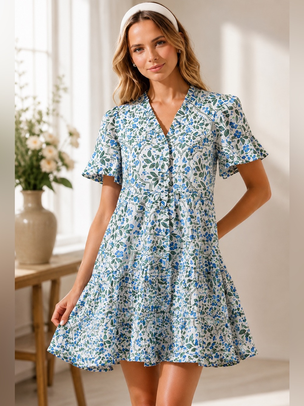 Sugarlips Floral Shift Mini Dress Blue Green Cottagecore Boho Babydoll Ruffle XS